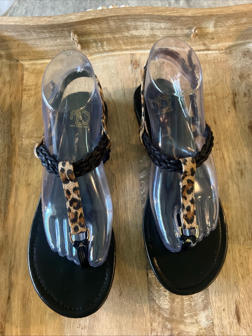 new directions Black Footbed Leopard Braided Thong Sandals